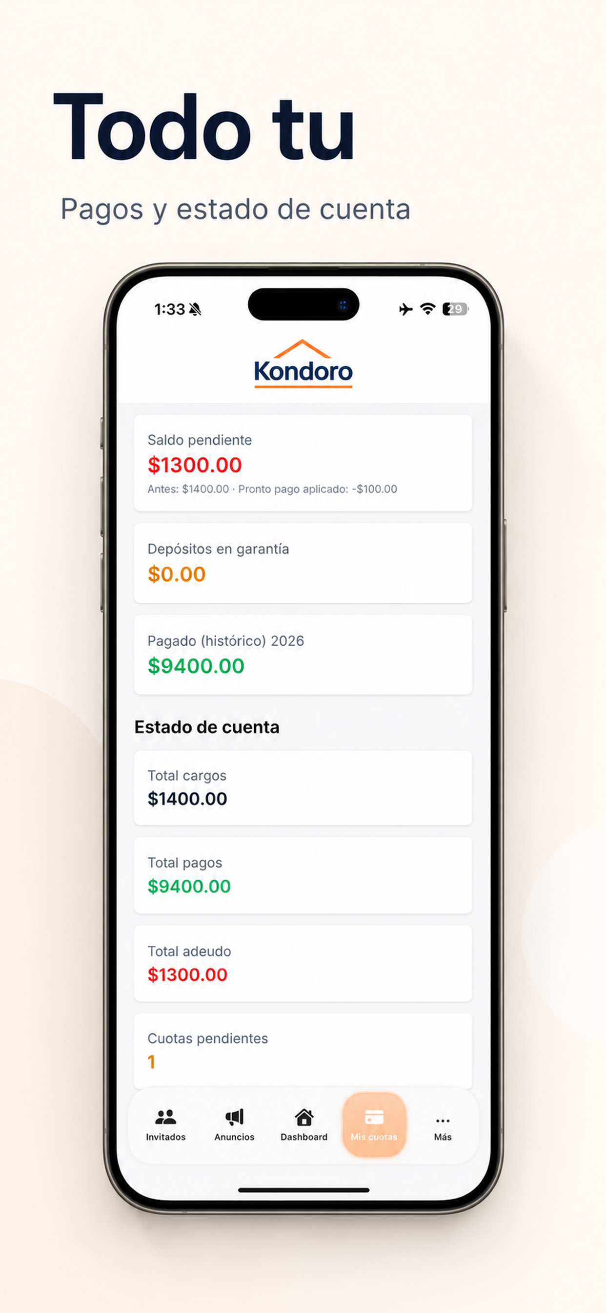 Kondoro mobile app screen showing payment tasks and condominium account balances