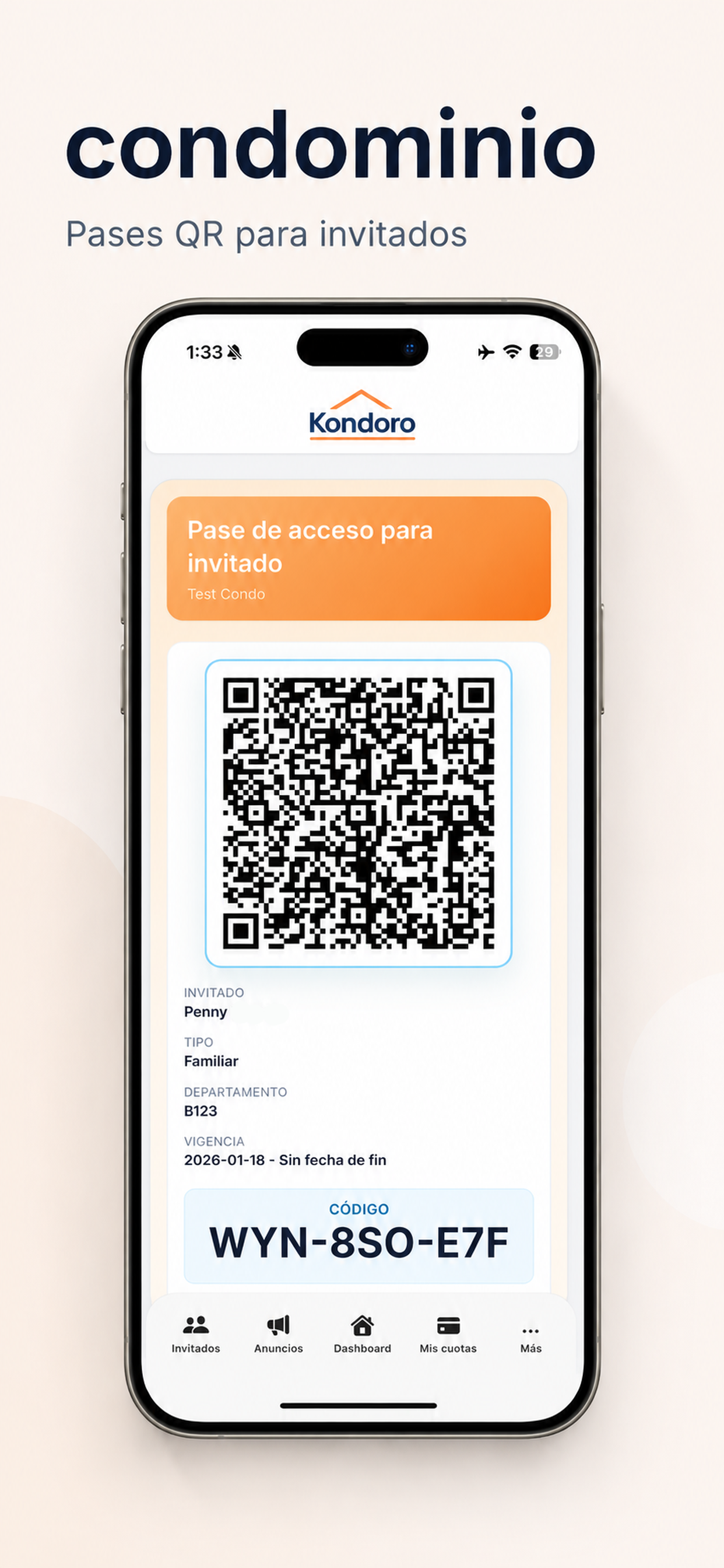 Kondoro mobile app screen showing a condominium QR access workflow