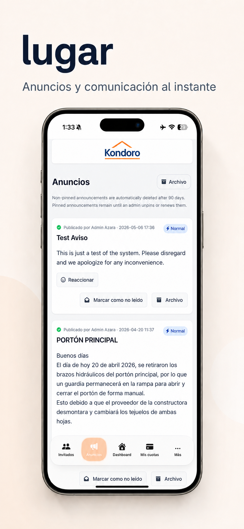 Kondoro mobile app screen showing community announcements and condominium updates